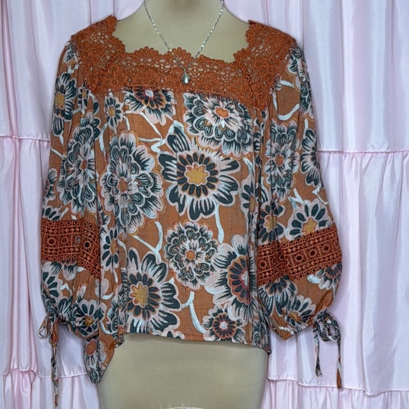 Zac & Rachel Floral Crochet Boho Peasant Top Blouse M - Picture 1 of 9